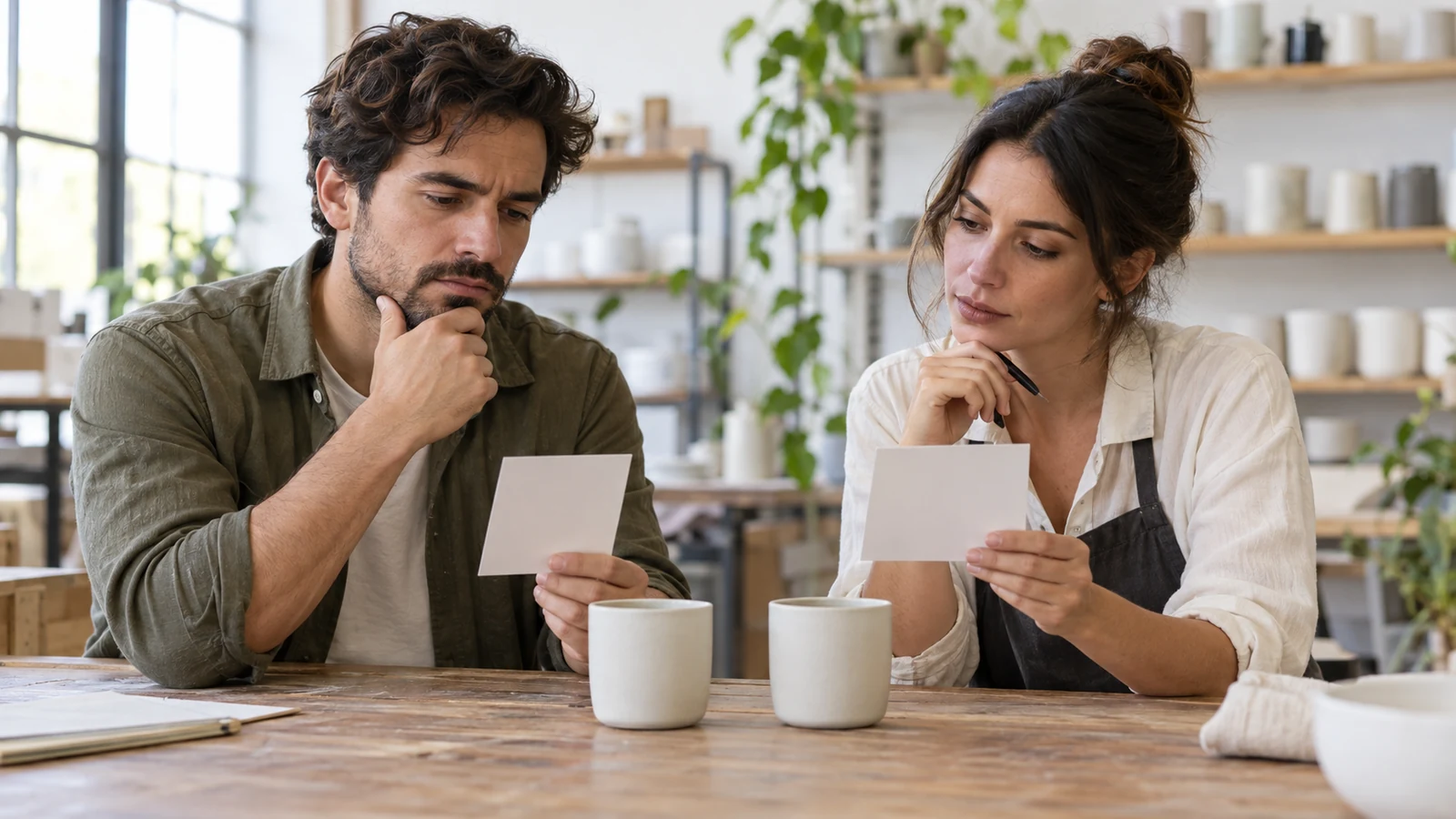 Dos personas comparando tarjetas junto a dos tazas de cerámica.