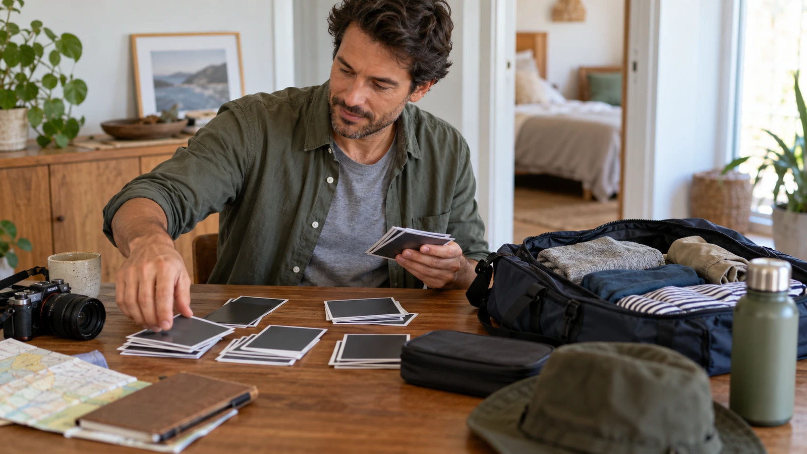 Hombre organizando fotografías y una bolsa para preparar un viaje.