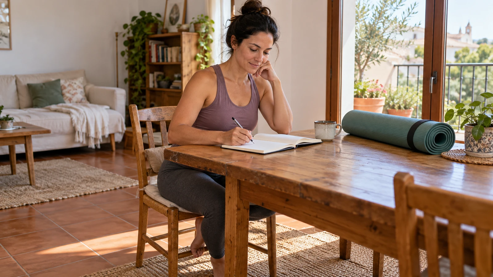 Mujer preparando un plan de práctica junto a una esterilla enrollada