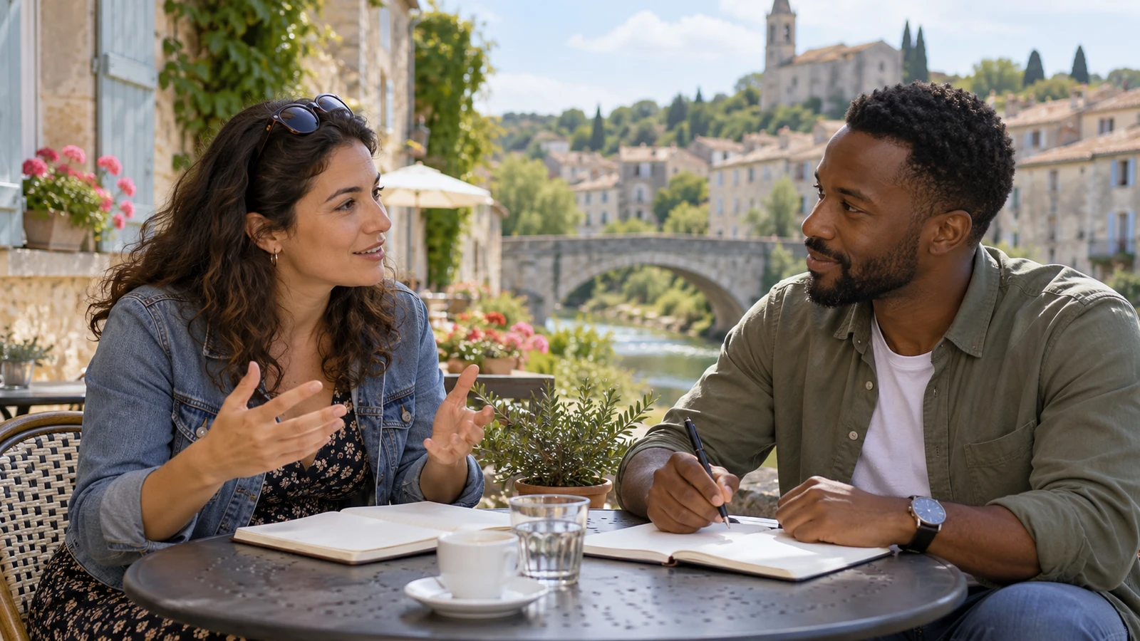 Dos adultos practicando una conversación con cuadernos en una terraza.