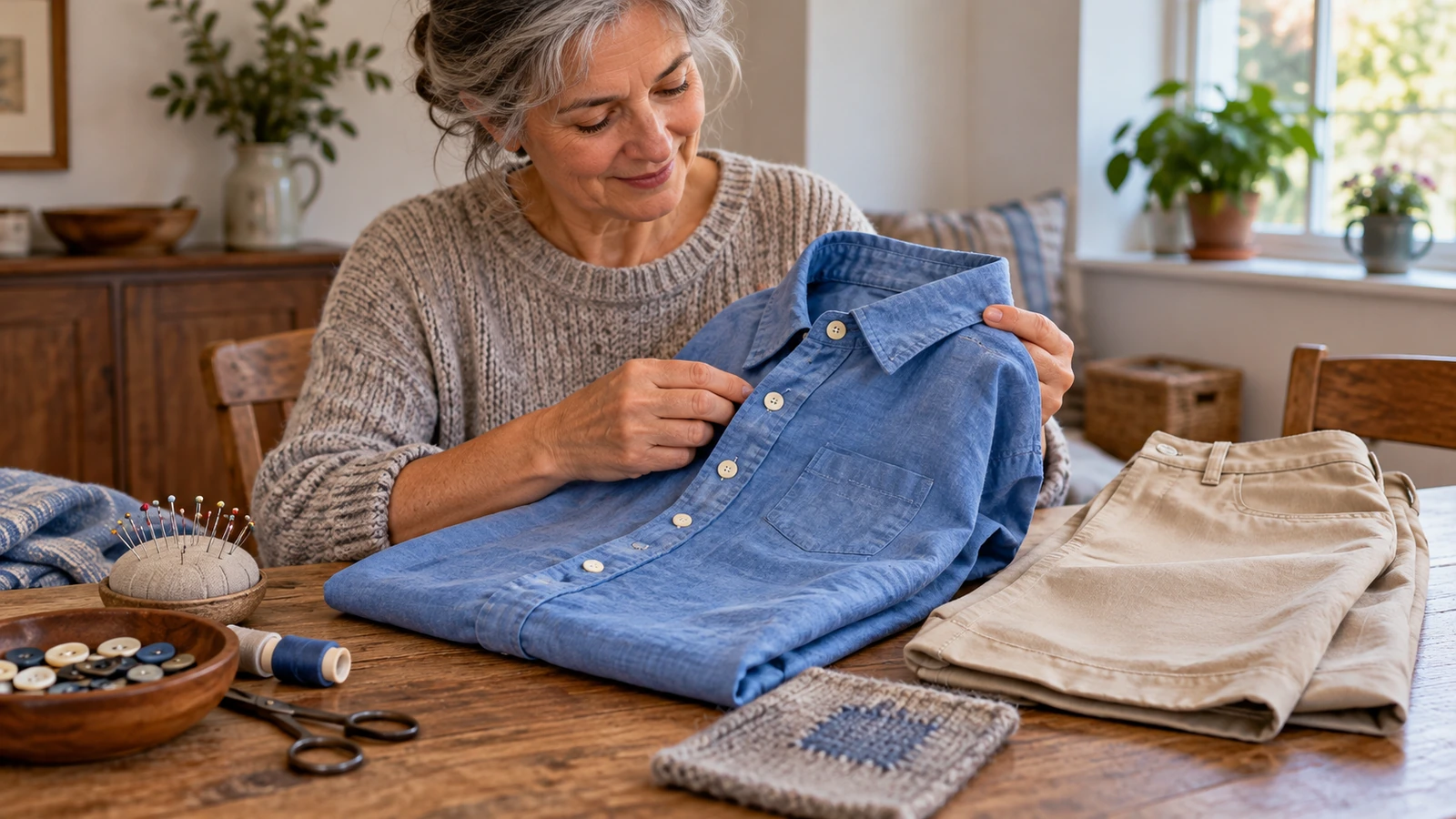 Una mujer revisa una camisa reparada junto a pantalones y muestras de costura.