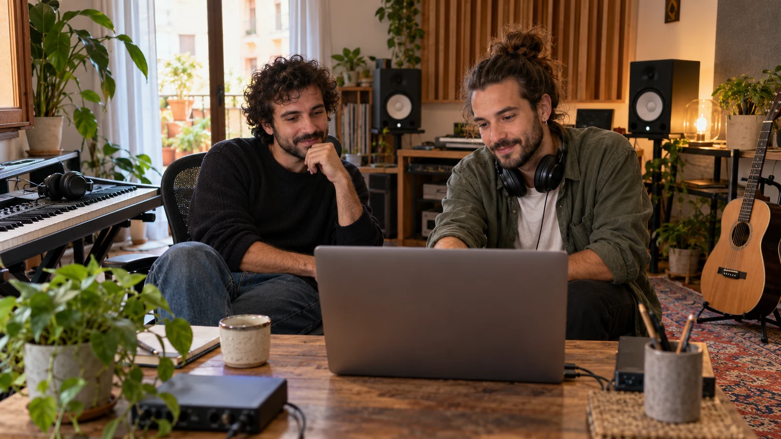 Dos personas escuchando una producción en un estudio musical doméstico.