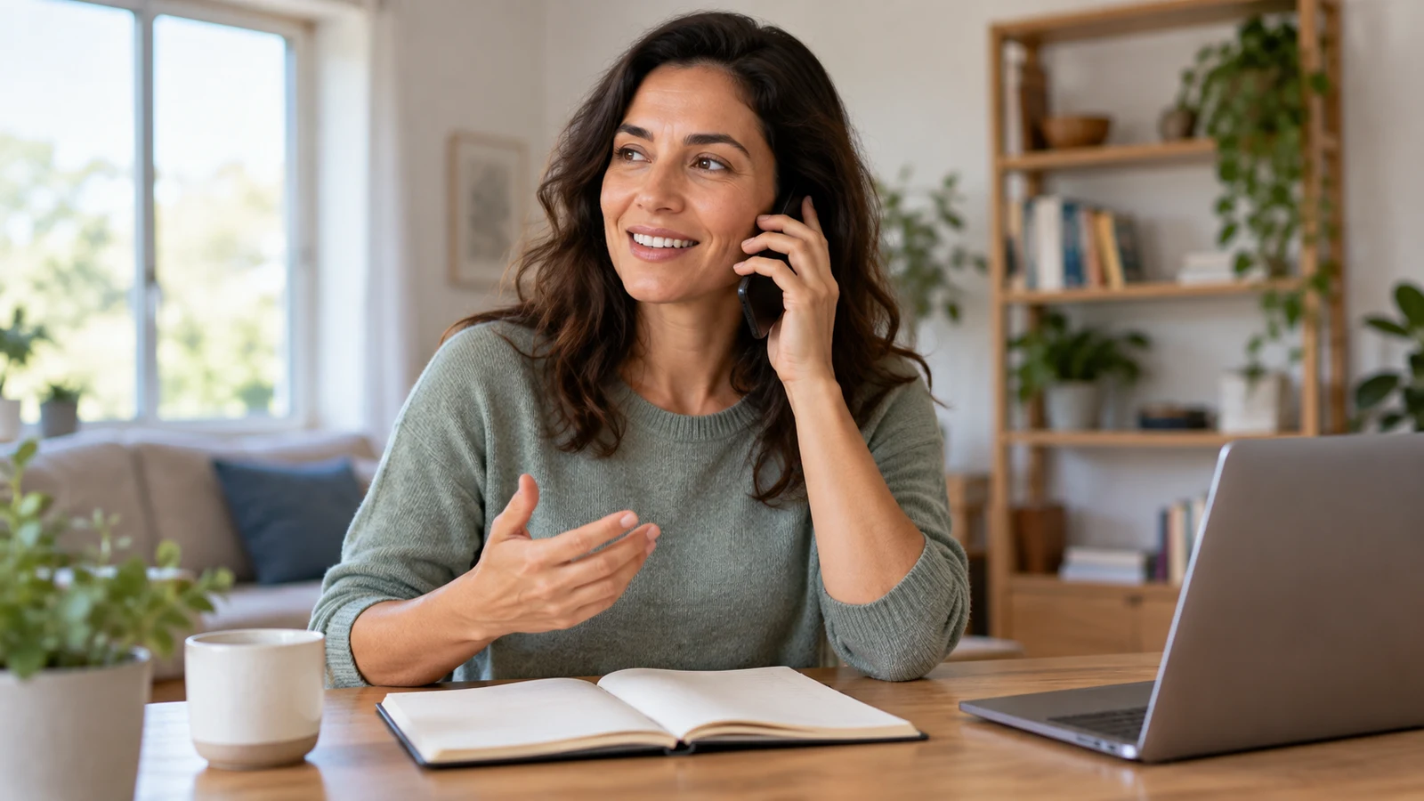 Una persona practica una conversación por teléfono desde casa.