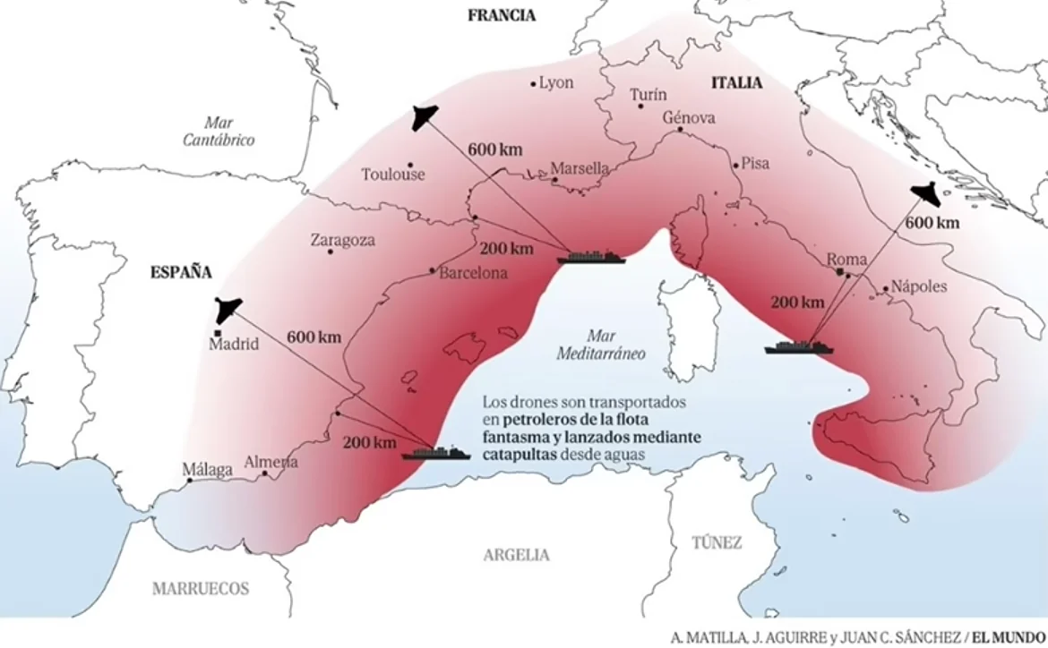 Drones rusos en el Mediterráneo contra España, Francia e Italia según la noticia publicada en El Mundo