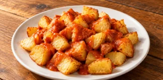 Patatas bravas Dados de patata frita dorada con salsa brava de pimentón en un plato blanco.