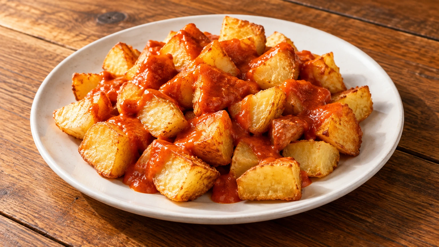 Dados de patata frita dorada con salsa brava de pimentón en un plato blanco.