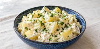 Patatas alioli Patatas cocidas con salsa cremosa de ajo y perejil en un cuenco azul.