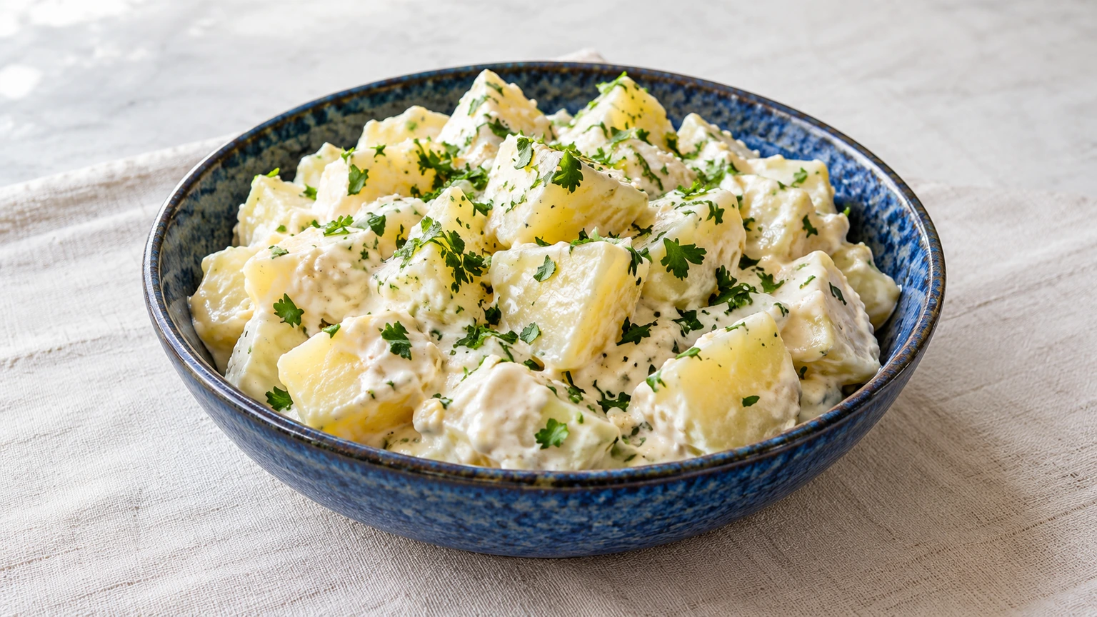 Patatas cocidas con salsa cremosa de ajo y perejil en un cuenco azul.