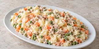Ensaladilla rusa Ensaladilla de patata, zanahoria, guisantes y atún con mayonesa en una fuente blanca.