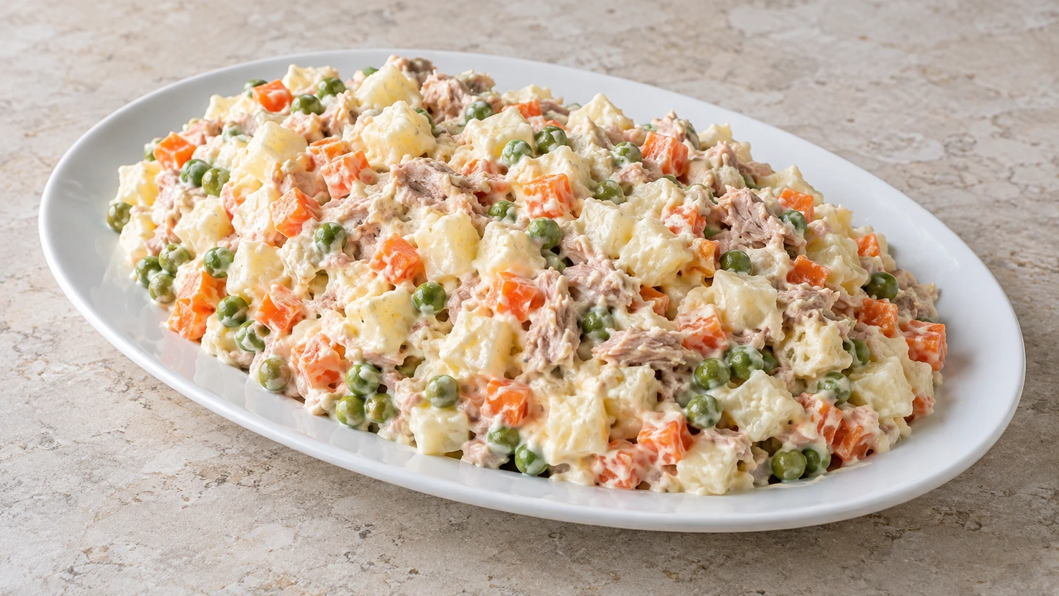 Ensaladilla de patata, zanahoria, guisantes y atún con mayonesa en una fuente blanca.