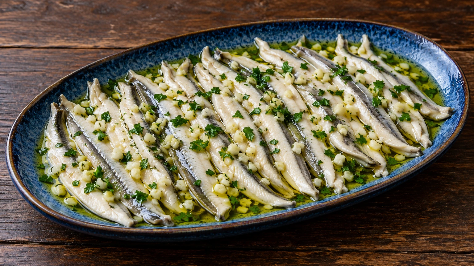Lomos de boquerón en vinagre con ajo picado, perejil y aceite en una fuente azul.