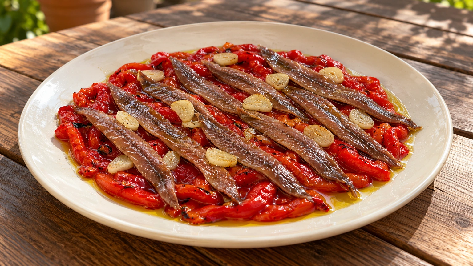 Filetes de anchoa sobre tiras de pimiento rojo asado con láminas de ajo.