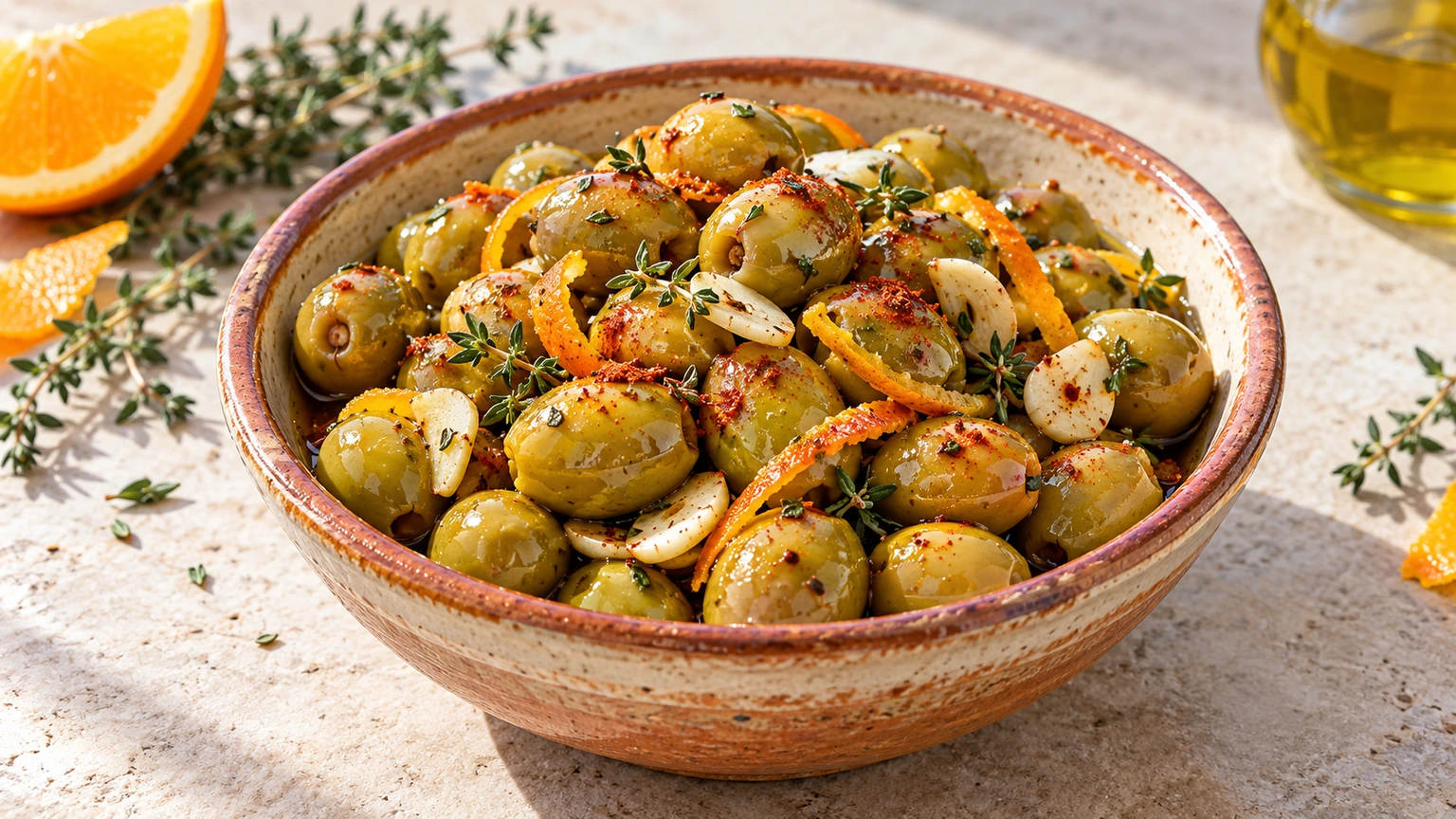 Aceitunas verdes con ajo, tomillo, pimentón y tiras de piel de naranja en un cuenco.