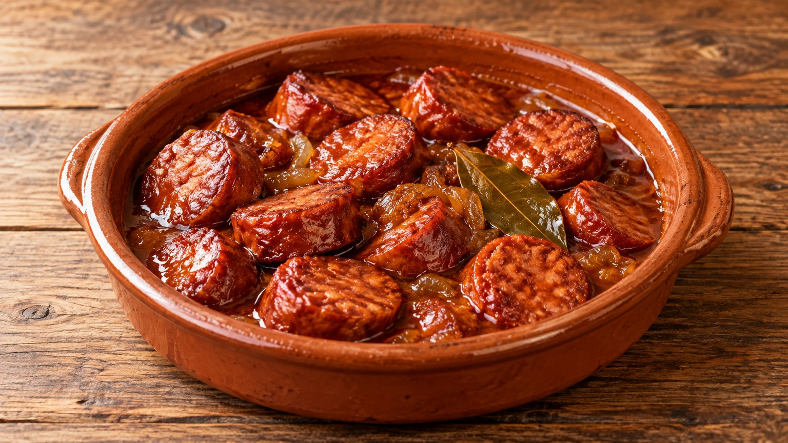 Rodajas gruesas de chorizo cocinado en sidra con jugo y laurel en una cazuela de barro.