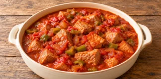 Magra con tomate Dados de magro de cerdo con salsa de tomate y pimiento verde en una cazuela clara.