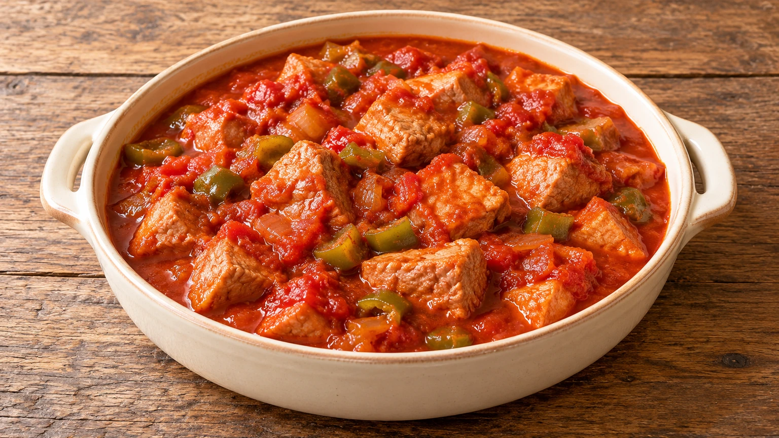 Dados de magro de cerdo con salsa de tomate y pimiento verde en una cazuela clara.