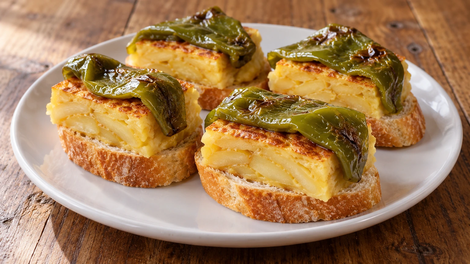 Porciones de tortilla cuajada sobre pan con tiras de pimiento verde frito.