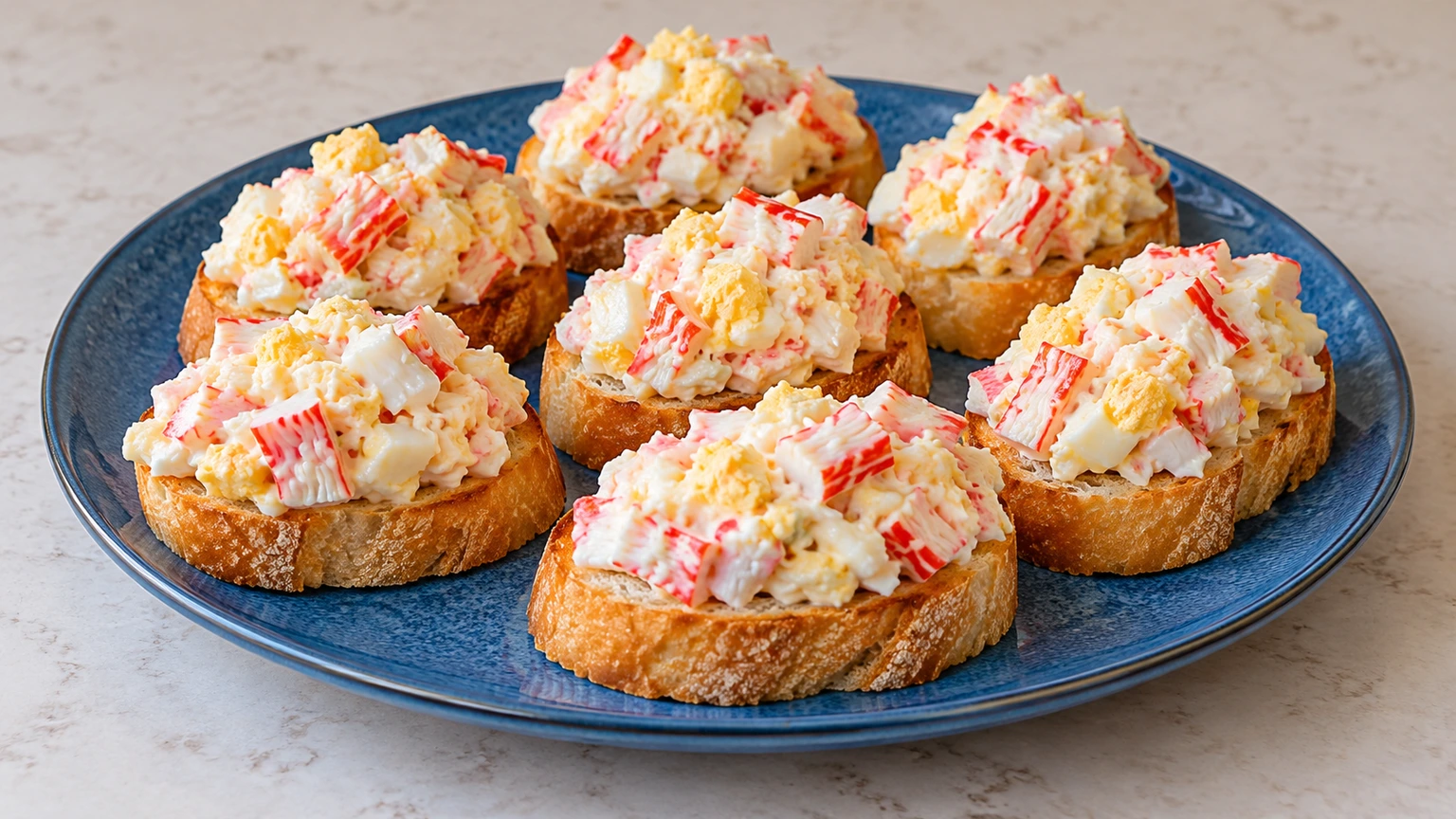 Rebanadas de pan con surimi y huevo picados ligados con mayonesa en un plato azul.