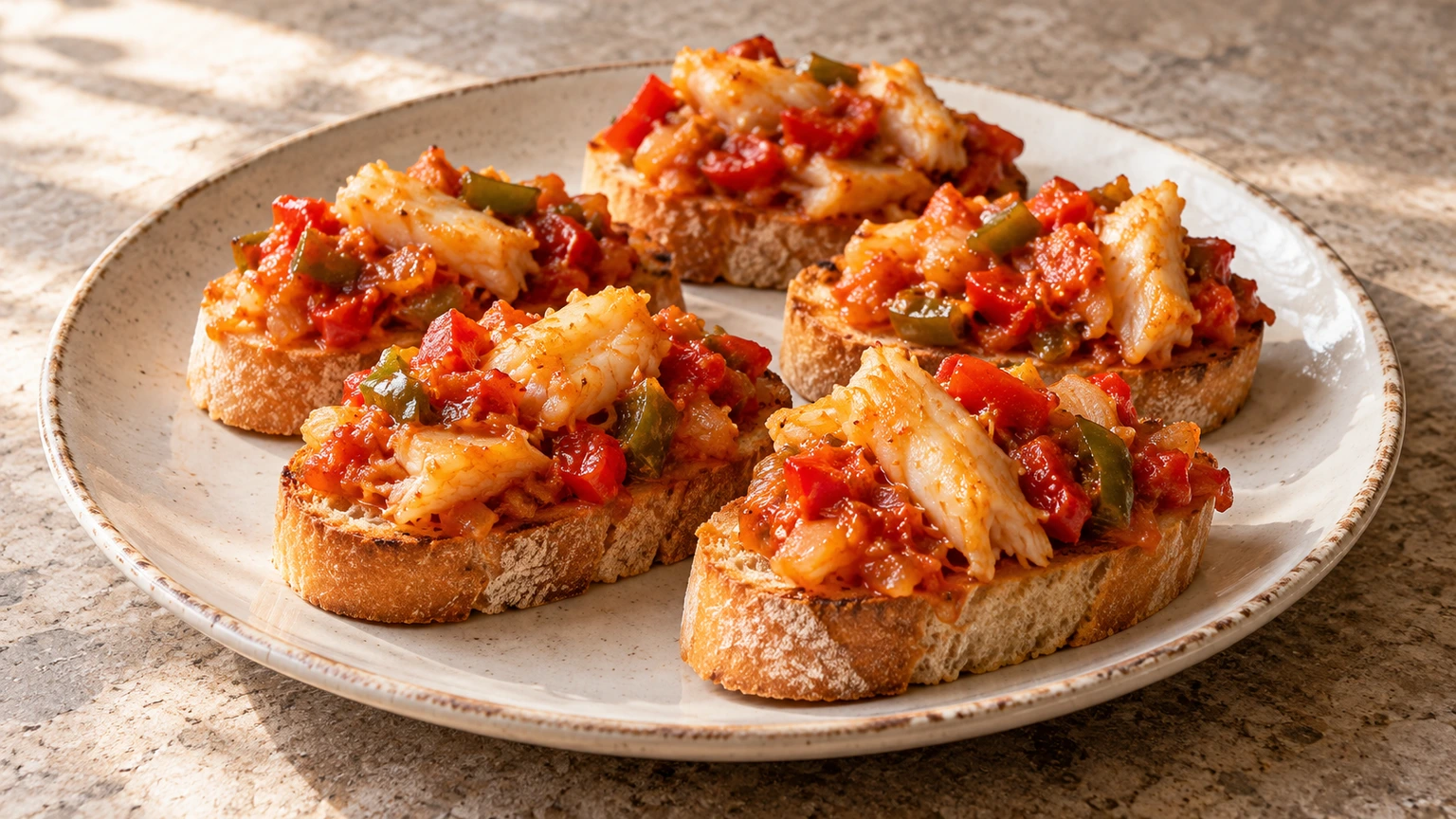 Tostadas cubiertas de bacalao en lascas con tomate y pequeños dados de pimiento.