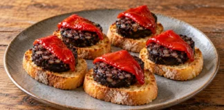 Pintxo de morcilla y piquillo Rodajas doradas de morcilla de arroz sobre pan con tiras rojas de piquillo.