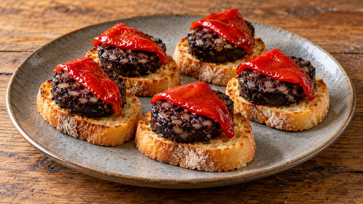 Rodajas doradas de morcilla de arroz sobre pan con tiras rojas de piquillo.