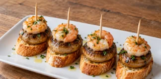 Pintxo de champiñón y gamba Champiñones dorados y gambas peladas sobre pan, sujetos con palillos y con perejil.