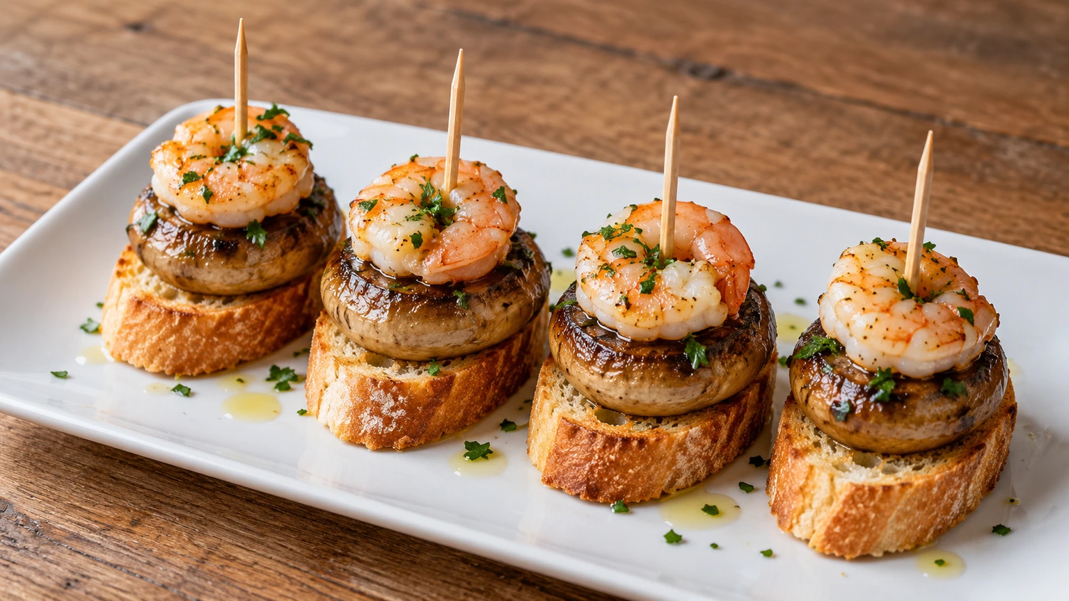 Champiñones dorados y gambas peladas sobre pan, sujetos con palillos y con perejil.