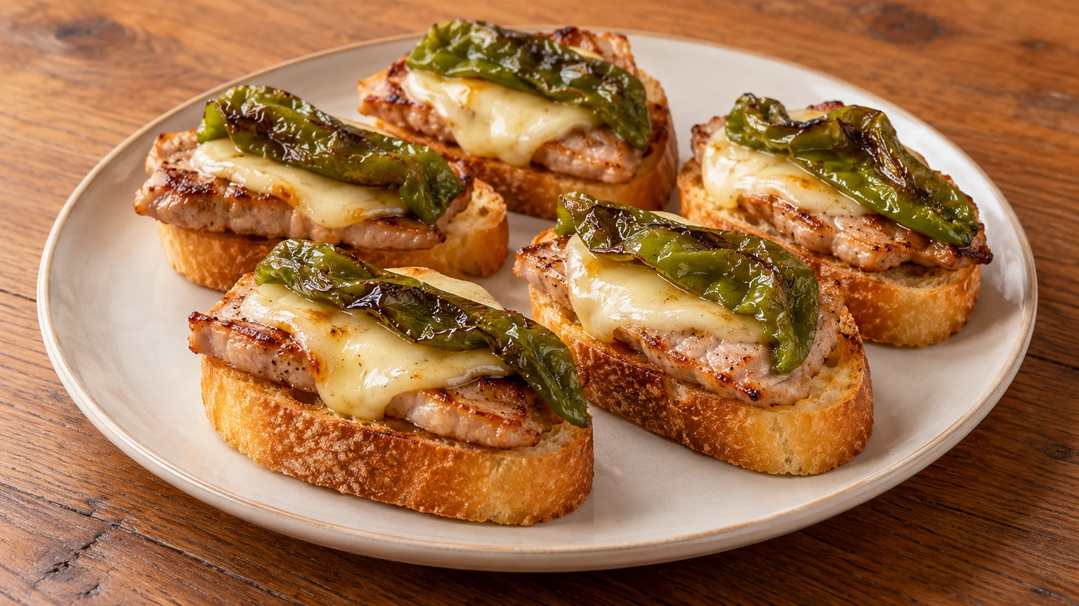 Filetes de lomo dorados sobre pan con queso ablandado y tiras de pimiento verde.