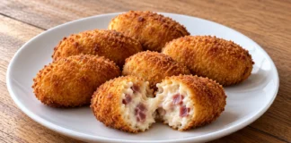 Croquetas de jamón Croquetas doradas en un plato blanco, con una abierta que muestra bechamel y dados de jamón serrano.