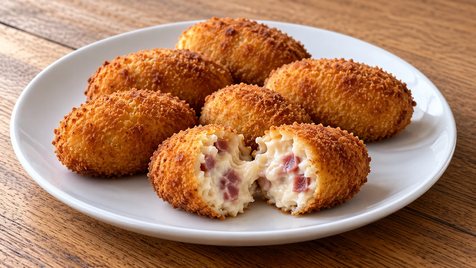 Croquetas doradas en un plato blanco, con una abierta que muestra bechamel y dados de jamón serrano.