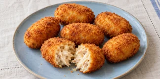 Croquetas de pollo asado Croquetas de pollo en un plato azul claro; una abierta deja ver la bechamel y las fibras de carne cocinada.