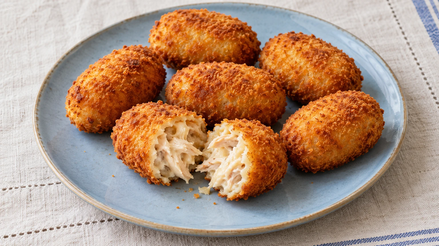 Croquetas de pollo en un plato azul claro; una abierta deja ver la bechamel y las fibras de carne cocinada.