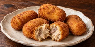 Croquetas de cocido Croquetas de cocido sobre una fuente clara, con una abierta mostrando carne desmenuzada en bechamel.