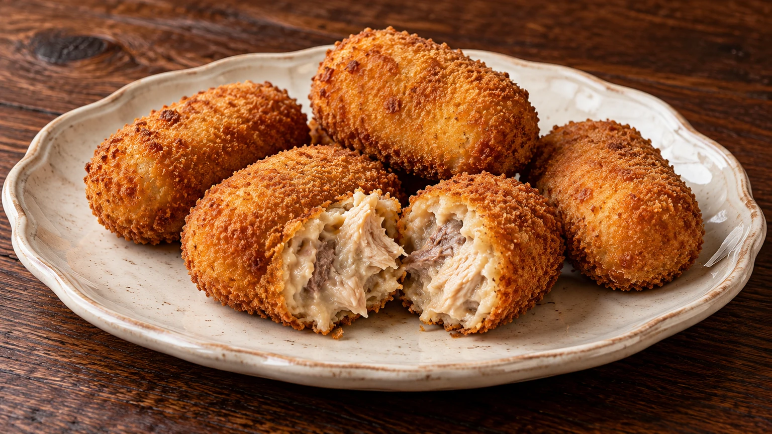 Croquetas de cocido sobre una fuente clara, con una abierta mostrando carne desmenuzada en bechamel.