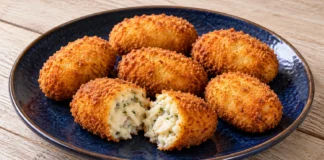 Croquetas de bacalao Croquetas de bacalao en un plato azul oscuro, con una abierta que muestra pescado blanco y perejil.