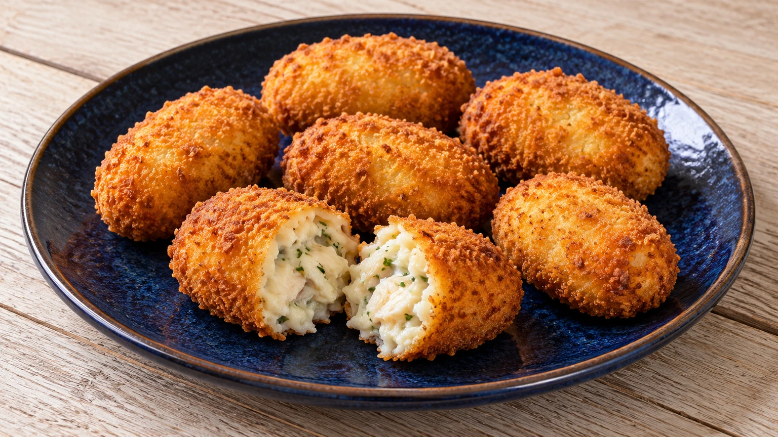 Croquetas de bacalao en un plato azul oscuro, con una abierta que muestra pescado blanco y perejil.
