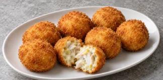 Croquetas de merluza Croquetas redondas de merluza en una fuente blanca, con pescado y puerro visibles en una pieza abierta.