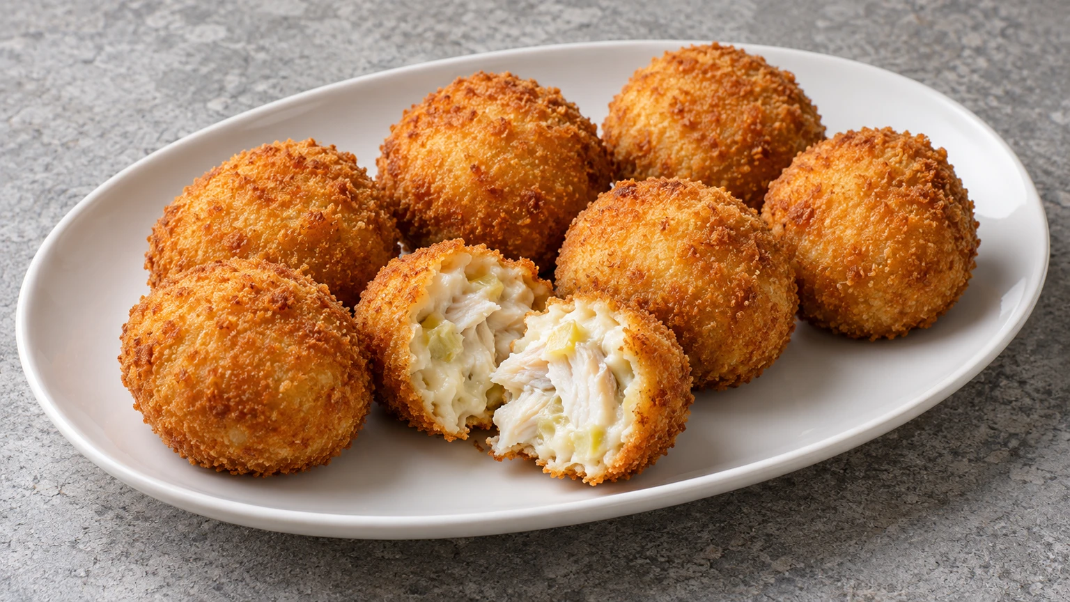 Croquetas redondas de merluza en una fuente blanca, con pescado y puerro visibles en una pieza abierta.