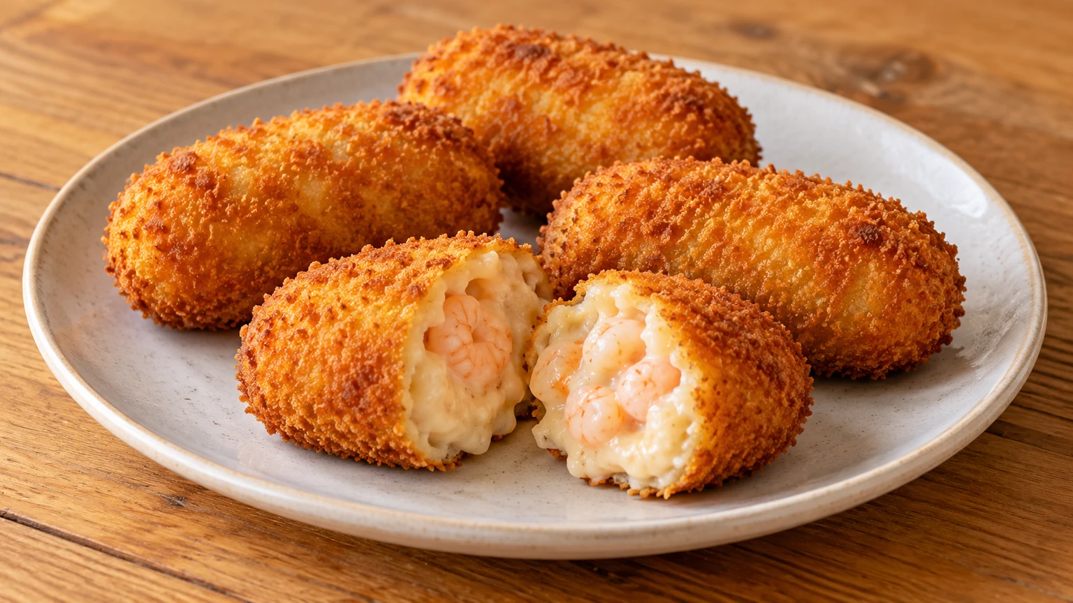 Croquetas de gambas doradas en un plato claro, con trozos rosados de marisco visibles en el interior cremoso.