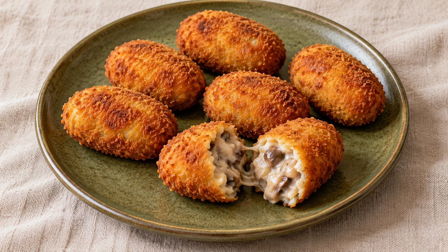 Croquetas de setas en un plato verde, con una abierta que muestra trozos de hongos dentro de la bechamel.