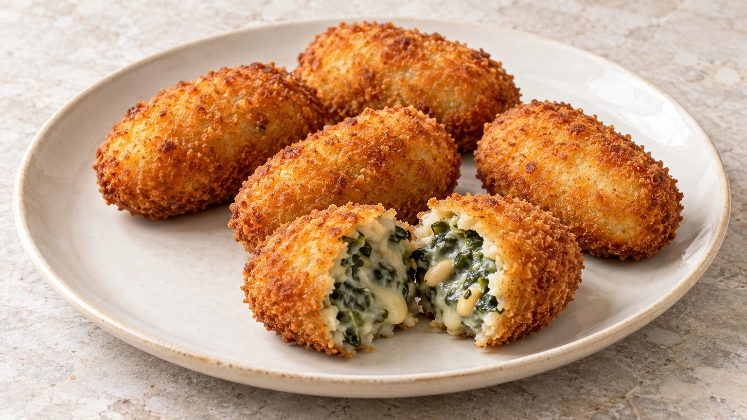 Croquetas de espinacas sobre un plato claro, con hojas verdes y piñones visibles en una pieza abierta.