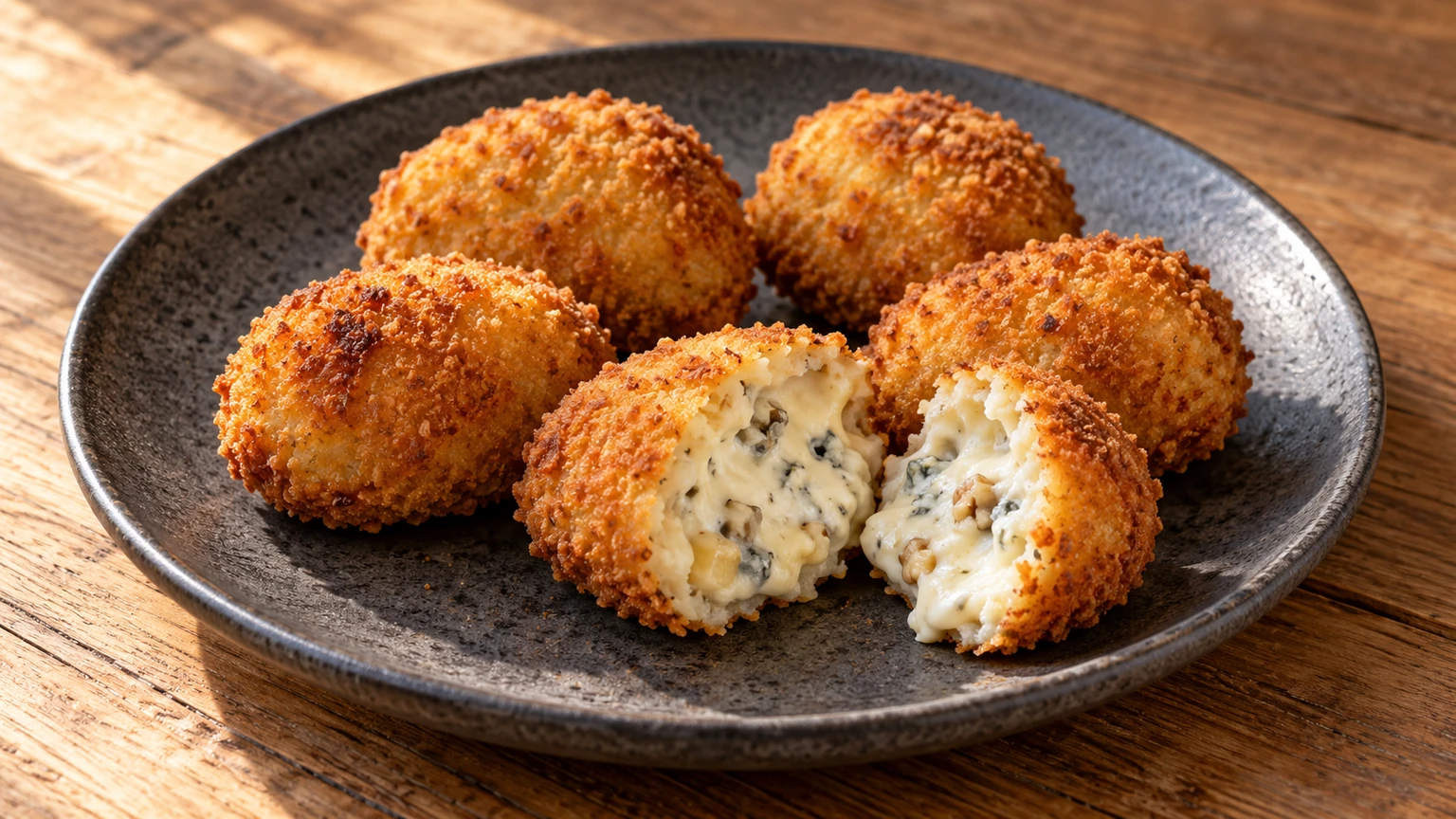 Croquetas redondas sobre un plato oscuro, con relleno cremoso de queso azul y pequeños trozos de nuez.