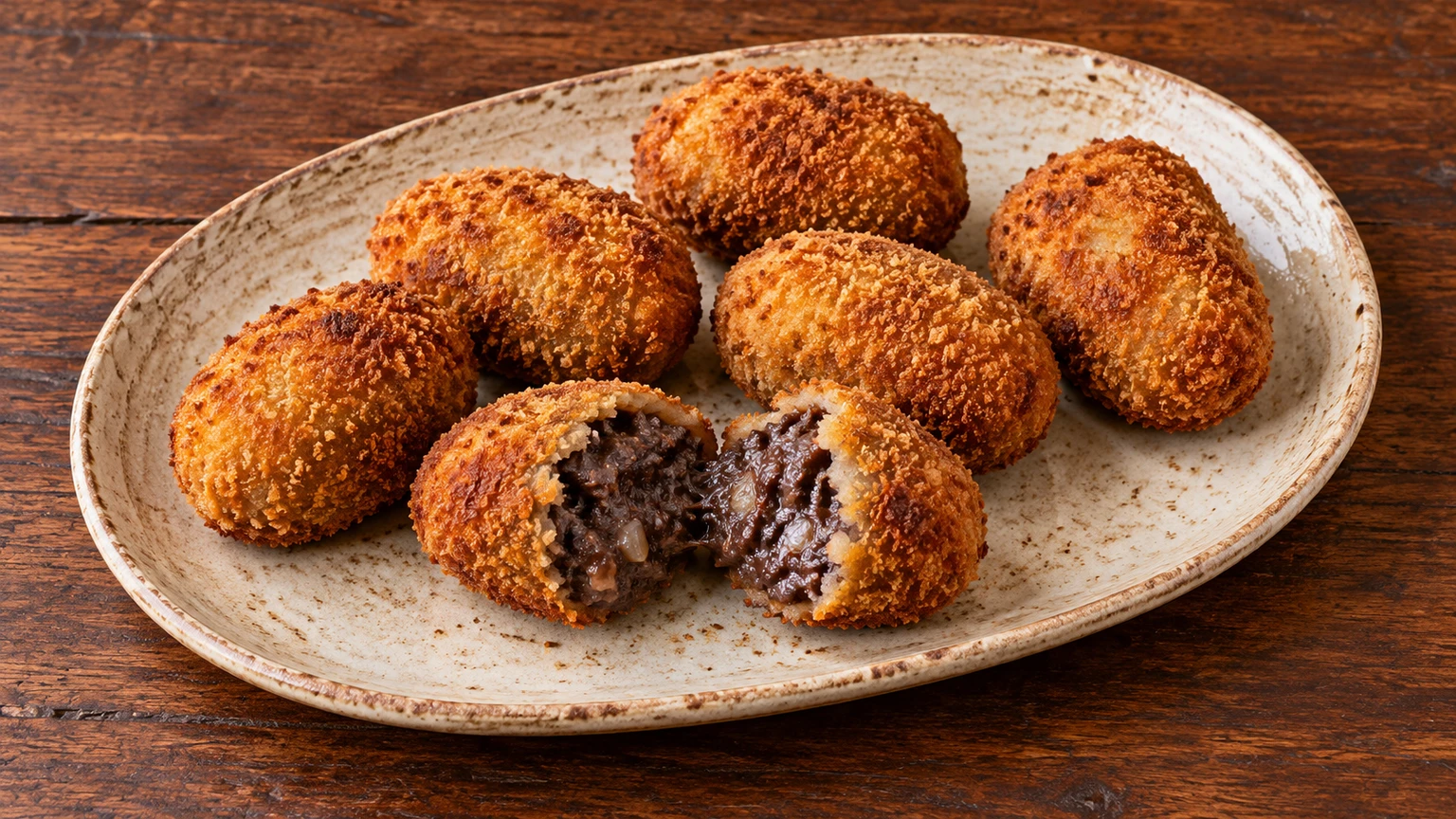 Croquetas de morcilla en una fuente rústica, con una abierta que muestra relleno oscuro y pequeños dados de manzana.