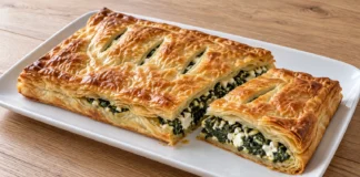 Pastel de hojaldre dorado con una porción separada que muestra espinacas y queso feta.