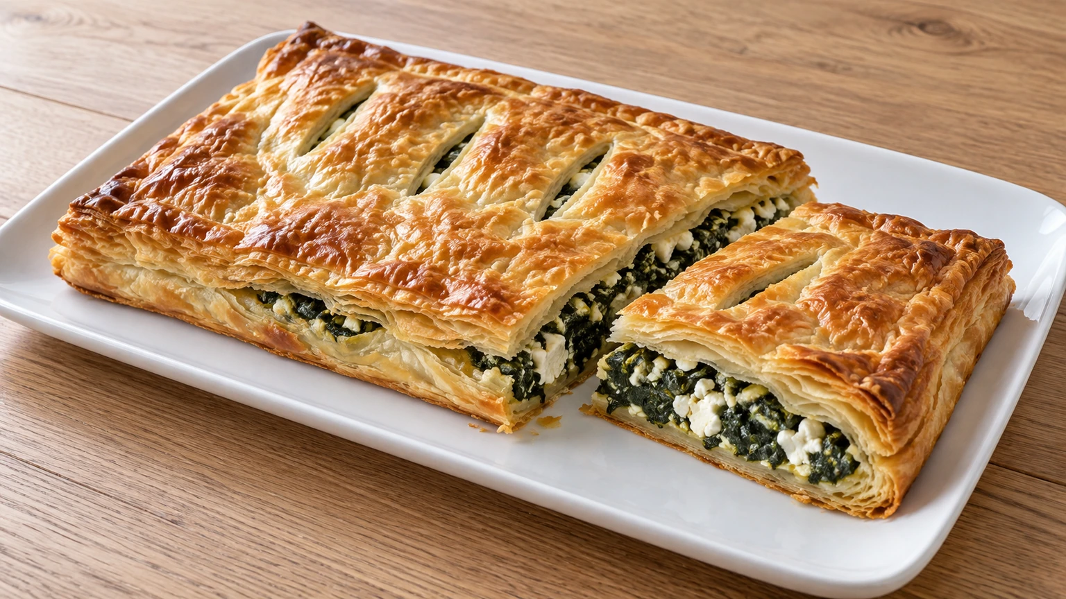 Pastel de hojaldre dorado con una porción separada que muestra espinacas y queso feta.