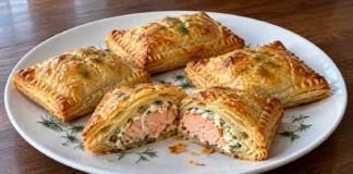 Paquetes de hojaldre con un corte que deja ver salmón cocinado y queso crema con eneldo.