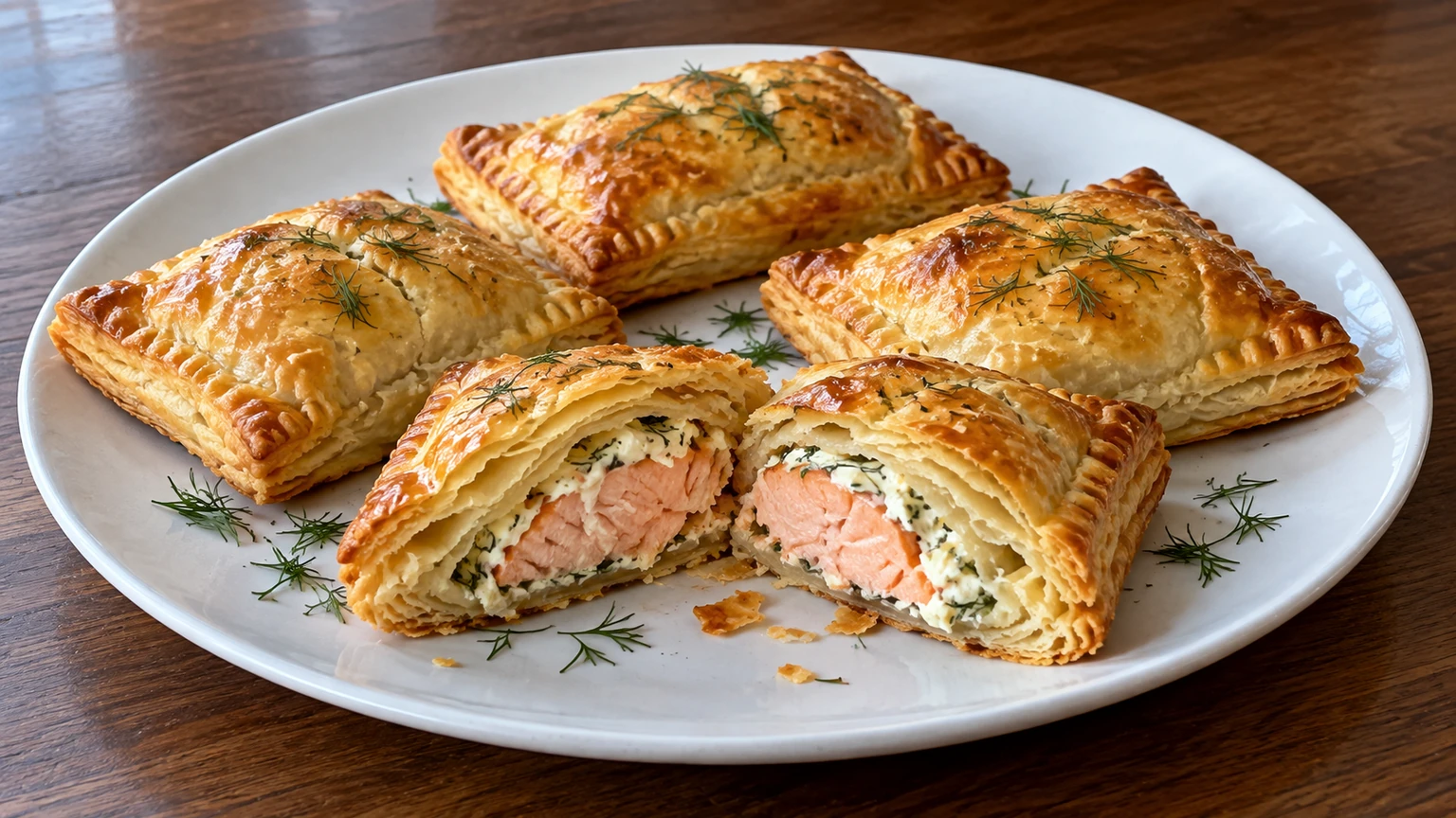 Paquetes de hojaldre con un corte que deja ver salmón cocinado y queso crema con eneldo.