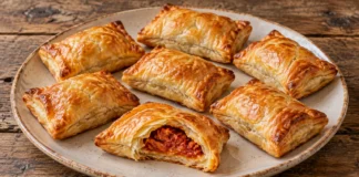 Pequeños hojaldres dorados con un corte que muestra el relleno rojizo de sobrasada y miel.