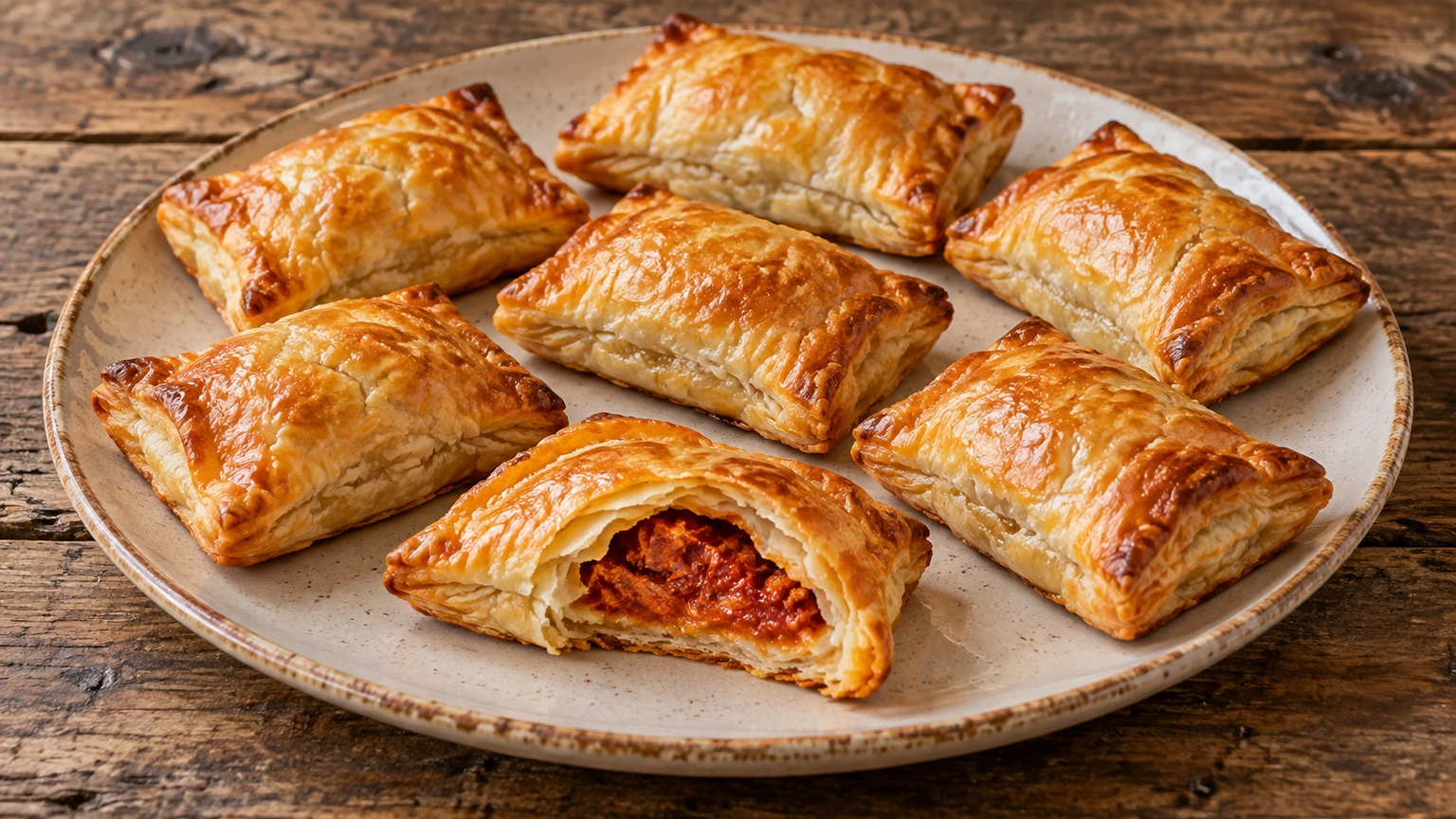 Pequeños hojaldres dorados con un corte que muestra el relleno rojizo de sobrasada y miel.