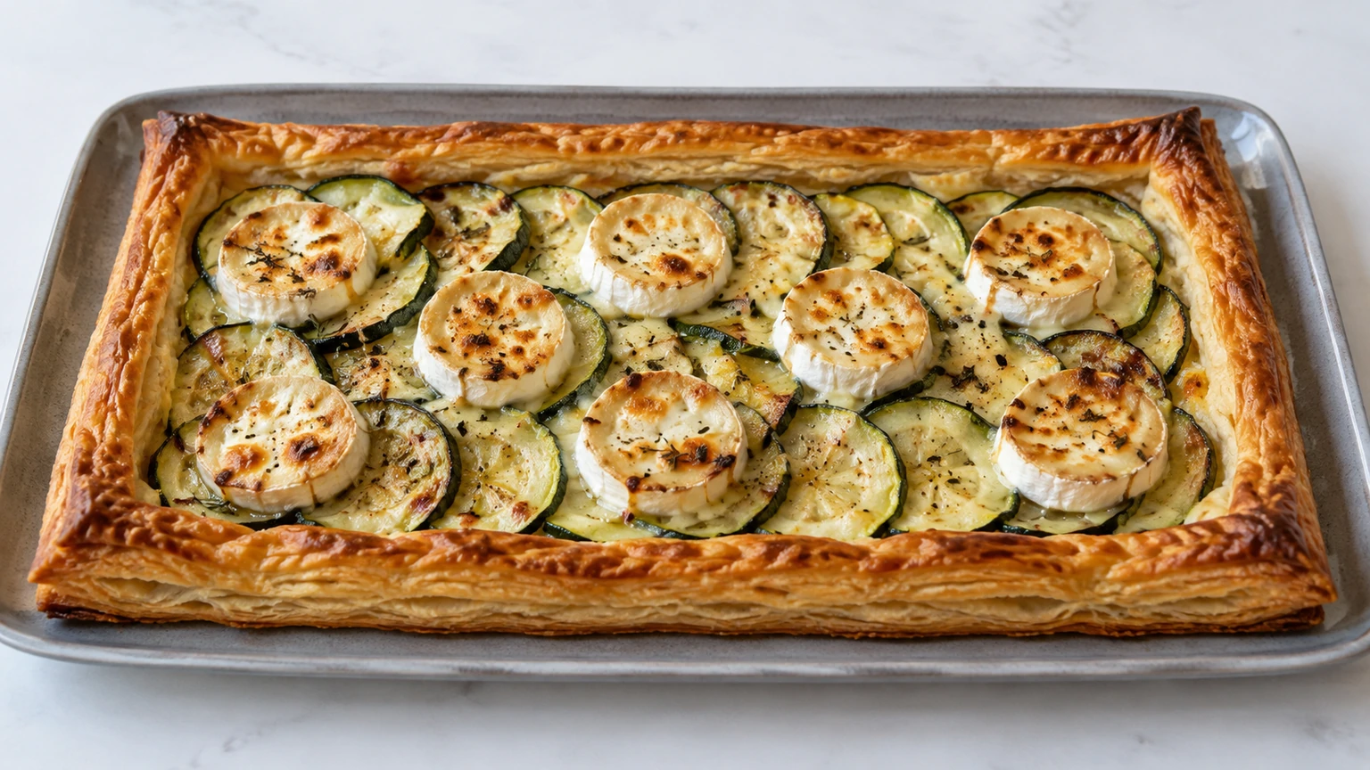 Tarta de hojaldre abierta con rodajas de calabacín y medallones de queso de cabra dorados.